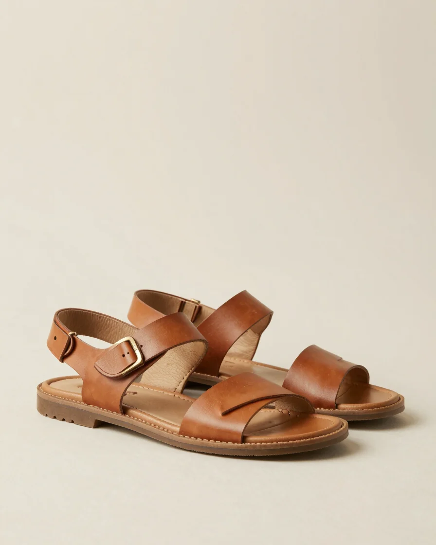 Editorial footwear product photography, soft diffused studio daylight, warm leather neutrals, crisp detail, 50mm lens. C
